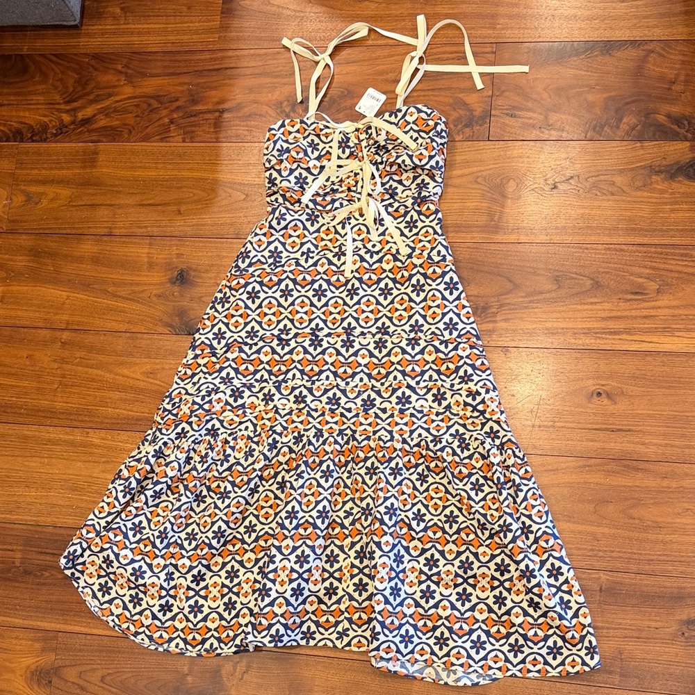 Free People Palma sundress with ruched back, ribbon detail, maxi length stunning